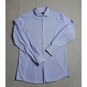 Hugo Boss Shirt Mens 16.5 34 35 Button Blue White Micro Plaid Cotton Preppy Dad